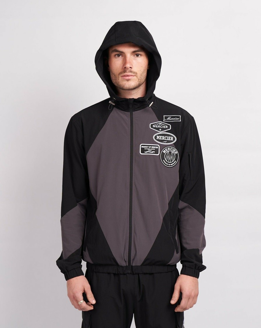 Menswear Mercier | Black Grey Mono Badge Panelled Windbreaker