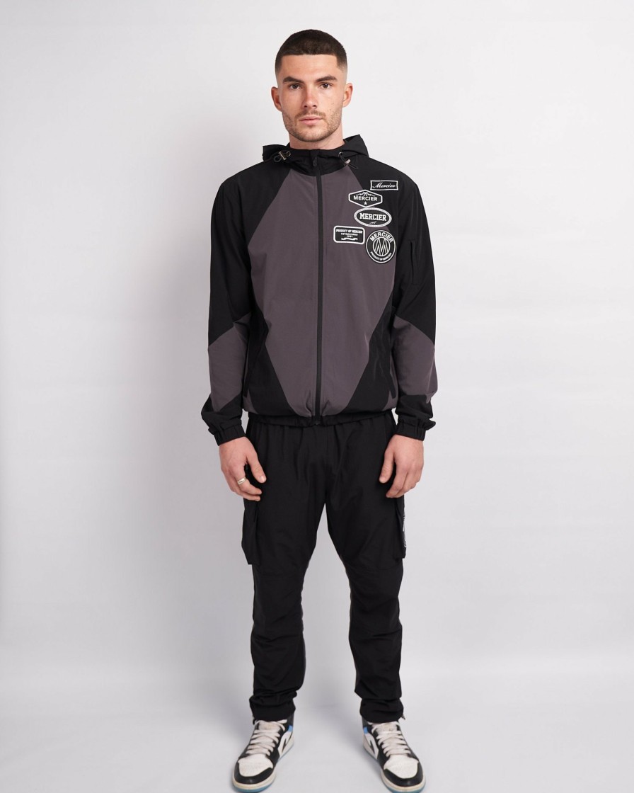 Menswear Mercier | Black Grey Mono Badge Panelled Windbreaker